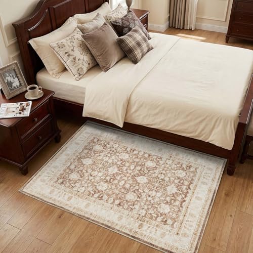 jinchan 3x5 Washable Vintage Area Rug, Distressed Traditional Floral Entryway Accent Rug, Soft Low-Pile Non-Slip Floor Mat for Indoor Foyer, Kitchen Sink Bedroom Bathroom Vanity, Taupe - color: Oriental Taupe, size: 3' x 5' (Rectangular)
