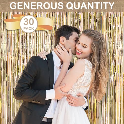 30 Pack Champagne Gold Foil Fringe Curtain Backdrop, 3.3x8.2 Feet Metallic Tinsel Streamer Curtains Photo Booth Props for Engagement/Wedding/Bridal Shower/New Year/Valentine's Day Party Decorations - color: Champagne Gold