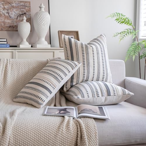 Cethom Grey Boho Throw Pillow Covers 18x18 Inch Set of 2, Stripe Textured Decorative Couch Pillow Cases for Bed, Sofa, Living Room, Bedroom, Farmhouse Home Accent Cushion Covers - color: Grey, size: 18" x 18" (Pack of 2)