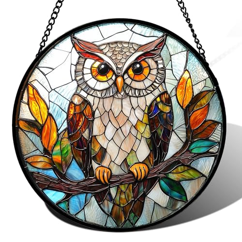 DASTOLL Stained Glass Window Hanging, Owl Colorful Leaves Birds Sun Catchers Diamond Glass Panel Hangings Suncatcher Decor for Birthday for Women, Men, Wife, Aunt, and Mom 14.9x14.9 in - color: Brown, size: 14.9x14.9 IN
