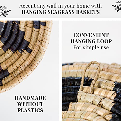 Wall Basket Decor, Woven Hanging Set of 3, Boho Circular Flat Decorative Baskets - Natural Seagrass Bowls for Living Room, Bedroom, Rattan Wall Decor Art - Handwoven (Black)