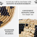 Wall Basket Decor, Woven Hanging Set of 3, Boho Circular Flat Decorative Baskets - Natural Seagrass Bowls for Living Room, Bedroom, Rattan Wall Decor Art - Handwoven (Black)