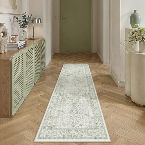 PureCozy Runner Rug 2x6 Sage Green Hallway Washable Vintage Distressed Kitchen Carpet Non Slip Neutral Low Pile Retro Floral Farmhouse Long Throw Rug Entryway Bathroom Office Laundry Dining Room - color: Accent Sage Green, size: 2' x 6' (Runner)
