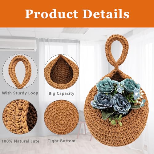 Teardrop Hanging Baskets for Kitchen, Jute Hanging Fruit Baskets Boho Wall Hanging Storage Jute Basket Handwoven Pantry Baskets for Fruit, Vegetable, Potato,Onion, Plante, Set of 3 Sizes (S M L)