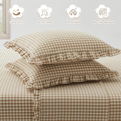 KKJIAF 2 Pcs Plaid Ruffle Pillow Case King Size, Ruffled Gingham Cotton Pillowcases 20x36 Inch, Linen Feel Plaid Bed Pillow Shams with Envelope Closure for Sofa Bed (Taupe) - color: Taupe/White Plaid, size: 36" x 20" (Pack of 2)