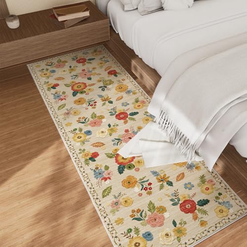 2x6 Hallway Washable Runner Rug: Vintage Kitchen Rug Runner with Non Slip Backing Low Pile Soft Faux Wool Non Shedding Distressed Carpet Runners for Entryway Living Room Bedroom Bathroom Farmhouse - color: Beige Floral, size: 2' x 6' (Rectangular)