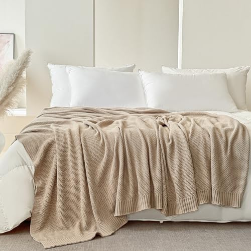 Simple&Opulence 100% Cotton Blanket King Size, Solid Color Cable Knitted Blanket Super Soft Comfortable Breathable Decorative Farmhouse for Couch Sofa Bed, All Season Use(Light Khaki,104x90) - color: Light Khaki, size: King Size 104x90"