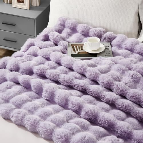 JONIYEAR Soft Fluffy Oversized Bubble Faux Rabbit Fur Throw Blanket 60" x 70", Reversible Solid Thick Warm Fuzzy Blanket for Winter, Luxury Cozy Shaggy Furry Blankets for Bed, Twin Size, Lilac Purple - color: Lilac Purple - 900gsm, size: Twin Size - 60" x