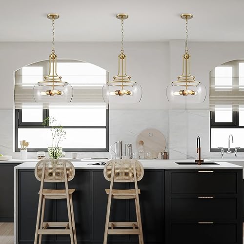 WUZUPS Chandelier Rustic Farmhouse Industrial Round Ceiling Pendant LED Light Fixture Clear Seeded Glass Shade for Dining Room Kitchen Island Foyer Entryway, H 20.9" x W 15.9", Gold - color: Pendant Light, Gold, 3-Light, size: H 20.9" * W 15.9"