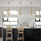 WUZUPS Chandelier Rustic Farmhouse Industrial Round Ceiling Pendant LED Light Fixture Clear Seeded Glass Shade for Dining Room Kitchen Island Foyer Entryway, H 20.9" x W 15.9", Gold - color: Pendant Light, Gold, 3-Light, size: H 20.9" * W 15.9"