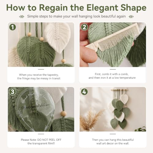Artilady Green Macrame Leaf Wall Hanging Tapestry Boho Wall Decor | Handmade Soft Cotton Fringe, Natural Wooden Beads, Mordern Chic Decor for Bedroom Living Room Nursery - color: Small Green