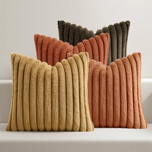 MIULEE Faux Fur Plush Decorative Throw Pillow Covers 18x18 Set of 4, Boho Farmhouse Soft Fuzzy Striped Cushion Covers for Sofa Couch Bed Living Room Vintage Home Decor,Rust Orange - color: Rust Orange, size: 18" x 18" (Pack of 4)