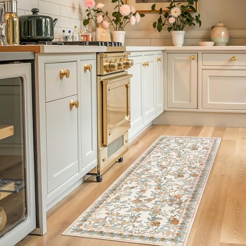 jinchan Eden Floral Washable Runner Rug 2x5 Vintage Hallway Rug Non-Slip Lightweight Soft Thin Kitchen Low Pile Distressed Orange Fall Decor Carpet for Bathroom Laundry Room Bedroom Entryway - color: Eden Orange, size: 2' x 5' (Runner)