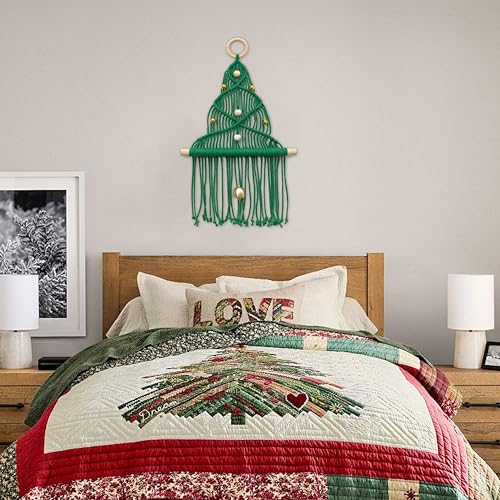 HVEST Green Macrame Christmas Tree Wall Hanging- Macrame Christmas Ornaments- Boho Xmas Gifts- Handmade Woven Tapestry for Bedroom Living Room Holiday Decorations, 16L X 10W - color: Emerald Green