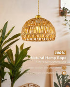 Rattan Pendant Light Fixtures, 9.8” Boho Woven Basket Pendant Light, Handmade Wicker Hanging Lamp, Rustic Wicker Chandelier for Kitchen Island, Dining Room, Living Room, Bedroom, E26 Base - color: 9.84″-Round