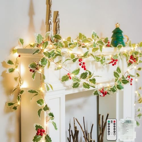 suddus 40 LED Christmas Fairy Lights Battery Powered,12.5ft Vine String Lights with Red Berries & Holly Leaf Timer Remote, Artificial Garlands for Fireplace, Bedroom,Porch,Door,Table,Stairs,Xmas Decor - color: Holly, size: 40 LED-Battery-Copper