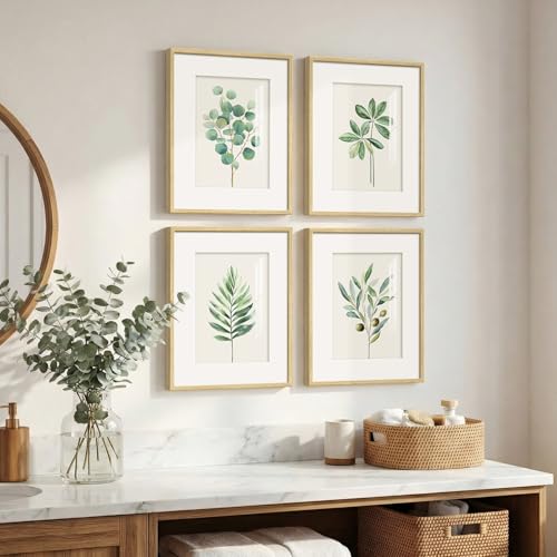 Framed Sage Green Botanical Wall for Kitchen, 4 Piece Minimalist Modern Farmhouse Plant Artwork for Walls, Boho Green Leaf Picture Prints for Kitchen Bathroom Bedroom Living Room Decor, 8x10 Inch - color: Green and White, size: 8" W x 10" H x 4pcs