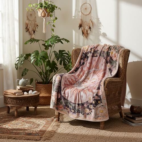 Neasow Sun Moon Daisy Throw Blanket, Boho Aesthetic Floral Blanket, Super Soft Pink Bohemian Decor for Couch Dorm Sofa Room, 50×60 inch - color: Pink Sun and Moon, size: 60"L x 50"W