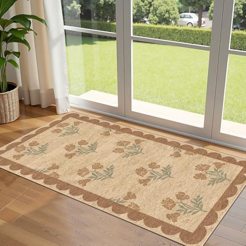Front Door Mat Indoor Entrance - 2x4.3 Ft Tan Floral Washable Layered Doormat Outdoor Entrance Porch Rug Non-Slip Neutral Country Jute-Look Runner Rug for Kitchen Mud Laundry Room Porch Decor - color: Flower - Wheat/Tan/Sage, size: 2' x 4'3" (Rectangular)