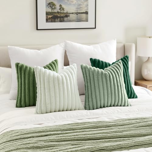 MIULEE Faux Fur Plush Decorative Throw Pillow Covers 20x20 Set of 4, Spring Modern Soft Fuzzy Striped Cushion Covers for Sofa Couch Bed Living Room Cozy Home Decor,Green - color: Green, size: 20" x 20" (Pack of 4)