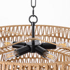21.6 Inch Boho Rattan Chandelier, 5-Lights Hand Woven Bohemian Chandeliers with 2-Tier Drum Wicker Shade, Modern Farmhouse Large Pendant Light Fixture for Dining Room Living Entryway Bedroom - color: Black Metal, size: 21.6 Inch