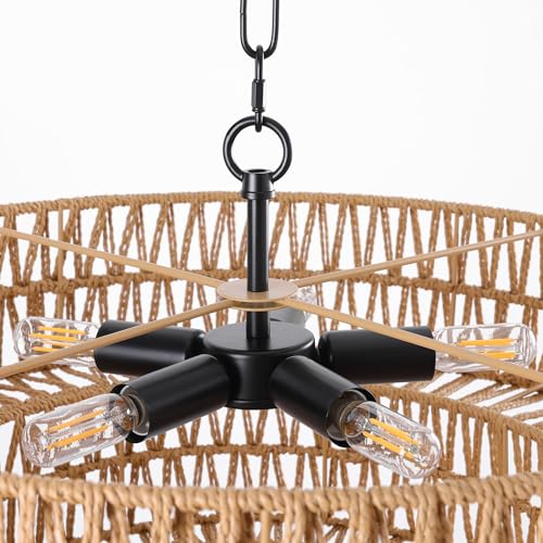 21.6 Inch Boho Rattan Chandelier, 5-Lights Hand Woven Bohemian Chandeliers with 2-Tier Drum Wicker Shade, Modern Farmhouse Large Pendant Light Fixture for Dining Room Living Entryway Bedroom - color: Black Metal, size: 21.6 Inch