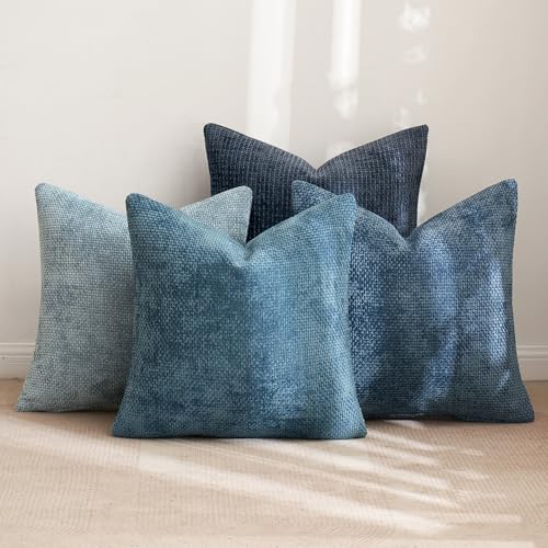 MIULEE Pack of 4 Couch Throw Pillow Covers 18x18 Inch Neutral Blue Soft Decorative Chenille Pillow Covers Farmhouse Accent Cushion Covers for Boho Western Spring Coastal Decor Sofa Bed Living Room - color: Neutral Blue, size: 18" x 18" (Pack of 4)