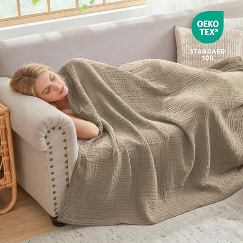 EMME Cotton Muslin Throw Blanket for Couch Breathable Gauze Soft Lightweight Blankets for Adults (Tan, 50"x60") - color: 03 - Tan, size: Throw (50" x 60")