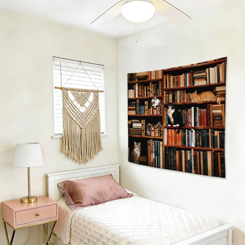 gsgfdshf Vintage Cat Library Wall Tapestry, Cat Room Decor, Retro Bookshelf Cute Kitten Tapestry Wall Hanging for Bedroom Home Reading Nook Room Library Decor, 50x60 Inch - color: Landscape Text-Tapestry-G