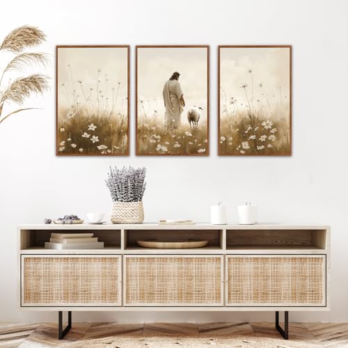 KAIRNE Jesus Framed Canvas Wall Art,Lost Sheep Wall Decor Set of 3(16”X24”),Holy Christian Art Print,Religious Scripture Pictures,Bible Renaissance Wall Painting for Living Room,Bedroom,Church Decor - color: Jesus & Sheep(medium), size: 16"Lx24"W