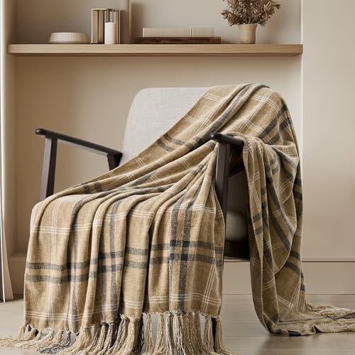 EverGrace Plaid Chenille Throw Blanket for Couch, Super Soft Cozy Decorative Farmhouse Plaid Throw with Tassels, Lightweight Chenille Knit Throw for Bed Sofa Gift Home Decor, Khaki Grey 50”x60” - color: Plaid Khaki & Grey, size: 50"x60"