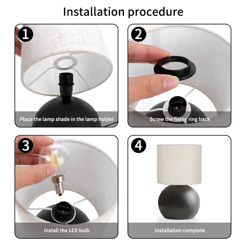 Modern Black Small Table Lamp with Cotton Linen Shade, 6.2×6.2×10.4 inch LED Desk Light, One-Button Switch for Bedroom, Living Room, Nightstand, Includes Warm Light Bulb - color: Black, size: Pack of 1