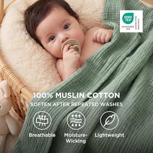 Bedsure 100% Cotton Muslin Blanket Queen Size for Bed - 4-Layer Breathable and Lightweight Thin Soft Summer Gauze Muslin Blankets for Adults, Sage Green, 90x90 Inches - color: 03 - Sage Green, size: Queen (90" X 90")