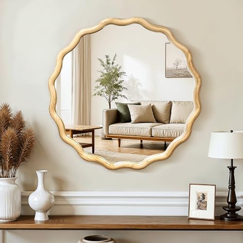 Circle Wood Mirrors for Wall, Wavy Round Bathroom Scalloped Mirror Wooden Frame 24 Inch for Living Room Farmhouse Bedroom Hallway Entryway Living Room with Shatterproof Glass Wall Mounted - size: 24"L x 24"W