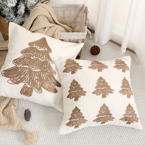 SmoothNovelty Tufted Cream Christmas Tree Pillow Covers Set of 2, 18x18 Inch Neutral Winter Throw Cushion Cases for Cozy Farmhouse Holiday Home Decor