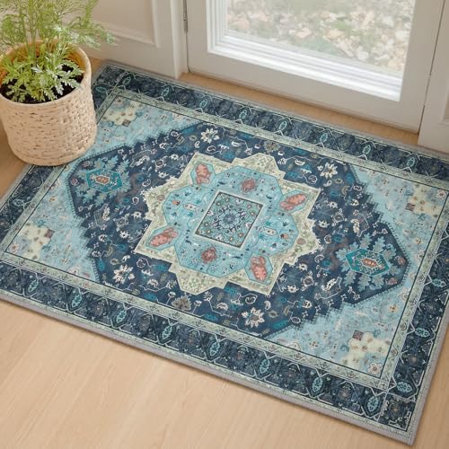 MINIDEAR 2x3 Area Rugs for Entryway Kitchen, Washable Rug Small Accent Rugs for Bedroom Non Slip Vintage Rug Thin Carpet Mat for Home, Teal - color: 02blue-gray, size: 2' x 3' (Rectangular)