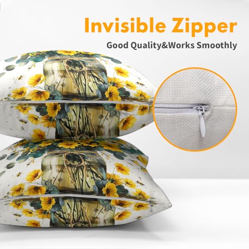 Summer Yellow Floral Pillow Covers 16x16 Inches Eucalyptus Flowers Decor Vase Bee Farmhouse Throw Pillow Case Set of 2 Pillow Cover Cotton Linen Cushion Cover for Home Couch Sofa Bedroom Livingroom - color: Eucalyptus Flowers240413, size: 16" x 16" (Pack
