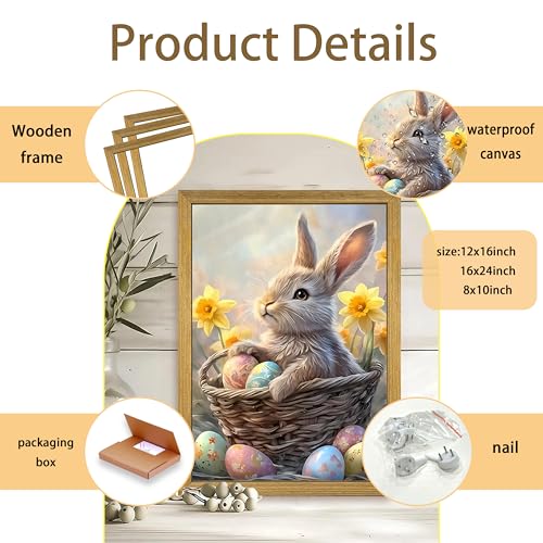 Easter Bunny Wall Art, Cute Rabbit Canvas Wall Decor Painting, Easter Eggs Poster Print Picture, Spring Farmhouse Animal Oil Painting for Living Room Bedroom Kitchen Holiday Home Decor 8x10 Inch Wood Framed - color: Easter Bunny C, size: 10"L x 8"W