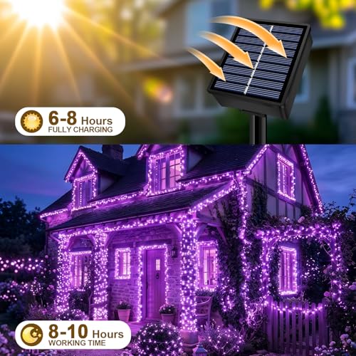 Solar String Lights 2 Pack Total 66FT 200LED Solar Fairy Lights Outdoor Waterproof 8 Lighting Modes Twinkle Lights for Patio, Garden Yard Party Wedding Tree Christmas Halloween Decoration, Purple - color: Purple