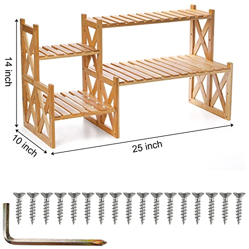 Lawei 2 Tier Bamboo Tabletop Plant Stand, Adjustable Flower Pot Holder Shelf Planter Display Stand, Small Desktop Ladder Plant Rack for Indoor Outdoor Home Patio Lawn Garden Balcony Organizer