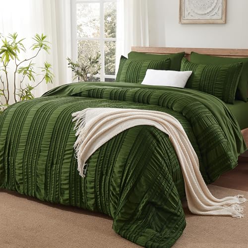 DHSFKBE Dark Green Tufted Textured Comforter Set King Size, 7 Piece Bed in a Bag，Shabby Chic Boho Bedding for Bedroom Comforter，All Season Soft Microfiber Ruffle Comforter Set with Pillow and Sheets - color: Dark-green, size: King