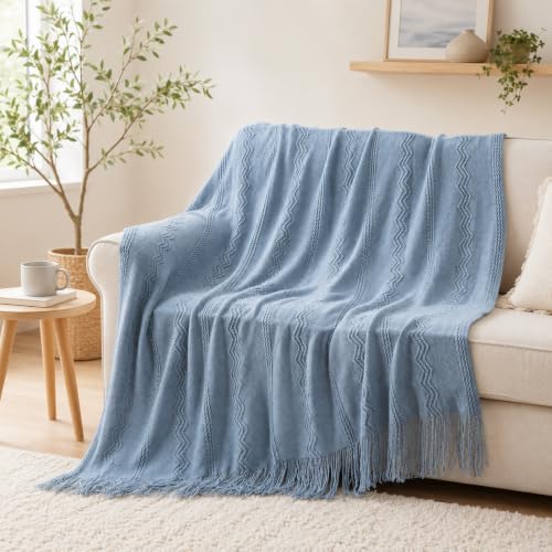 BATTILO HOME Dusty Blue Throw Blanket for Couch, Soft Knit Throws with Tassels for Home Decor, Blue Blankets and Throws for Bed Sofa, 50"x60" - color: Dusty Blue, size: 50 x 60 in.