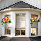 Soomeir Artificial Hanging Flowers Basket for Outdoor, Faux Hanging Plants, Garden-Style Mixed Blooms with Roses, Dahlia & Gerbera, Decorative Fruit & Lush Greenery for Porch, Patio, Balcony