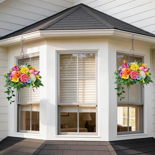 Soomeir Artificial Hanging Flowers Basket for Outdoor, Faux Hanging Plants, Garden-Style Mixed Blooms with Roses, Dahlia & Gerbera, Decorative Fruit & Lush Greenery for Porch, Patio, Balcony