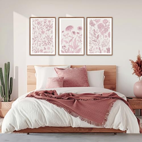 KAIRNE Floral Wall Art Set of 3,Framed Vintage Botanical Flower Canvas Prints,Pink and White Minimalist Wildflower Artwork,Modern Farmhouse Boho Decor for Living Room Bedroom Office Kitchen,16X24 inch - color: Pink Wildflower(medium), size: 16"Lx24"W