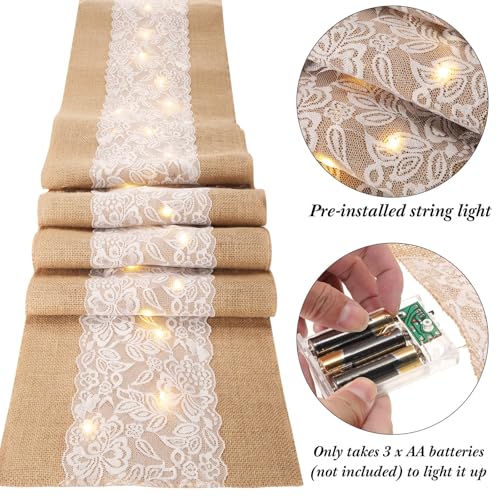 Xinnun 6 Pack Burlap Table Runner with Warm LED Lights,Rustic Lace Wedding Table Decor,Boho Farmhouse Jute Runner for Reception Bridal Shower Party(Modern,12x70 Inches) - size: 12x70 Inches, style: Classic