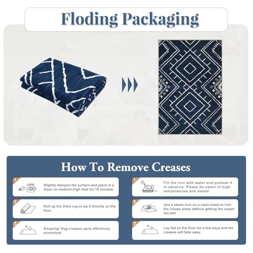LIVEBOX Moroccan 8x10 Area Rug, Navy Washable Rugs for Living Room Bedroom, Western Tribal Rug Non Slip Low Pile Modern Geometric Large Area Rugs Diamond Carpet for Dining Room Home Office Decor Boho - color: Navy, size: 8‘ x 10'