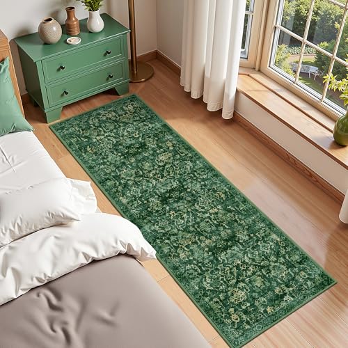 Dark Green 2x6 Runner Rug for Hallways Bed Side Kitchen, Boho Washable Distressed Low-Pile Floor Entryway Long Bathroom Mat, Non-Slip Laundry Room Washstand Front Carpet Green 24x72 Inch - color: Dark Green, size: 2'x6'