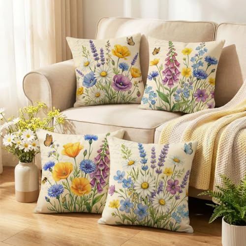 wyooxoo Throw Pillow Covers 16x16 Set of 4 Spring Pillow Covers Linen Flower Farmhouse Cushion Case for Sofa Couch Living Room Outdoor Home Decor - color: Color Q, size: 16" x 16" (Pack of 4)