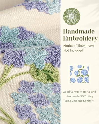 Embroidered Throw Pillow Cover - 18x18 Decorative Pillow Cover with Zipper Aesthetic Cute Design Boho Spring Summer Cozy Throw Pillowcase for Living Room Couch Sofa Bed, Blue Hydrangea - color: Blue-hydrangea, size: 18" x 18" (Pack of 1)